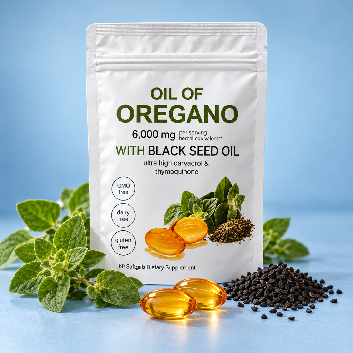 Cápsulas de aceite de orégano con aceite de semilla negra